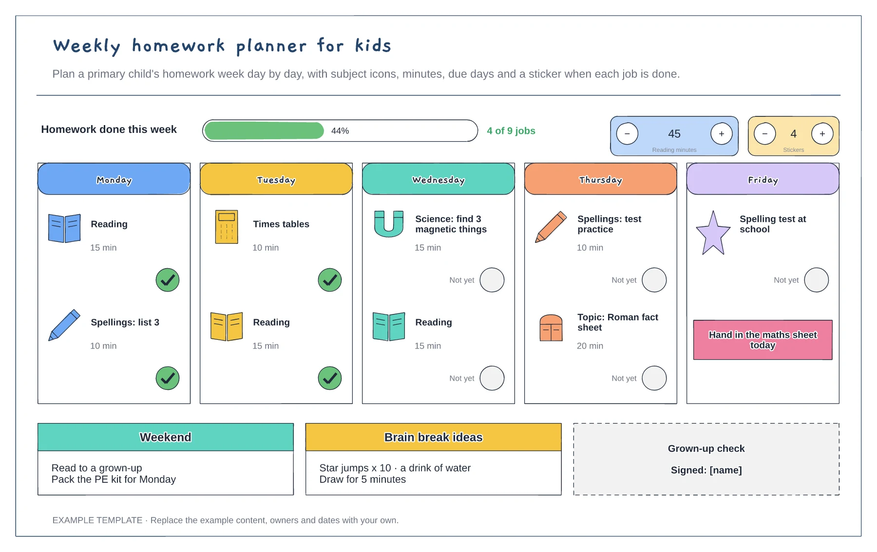 Homework planner for kids template preview