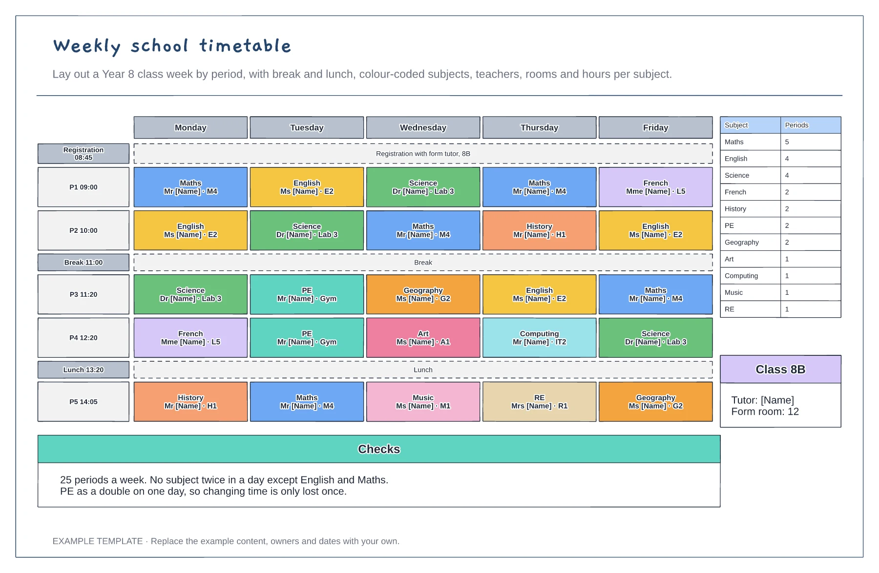 Weekly school timetable template preview