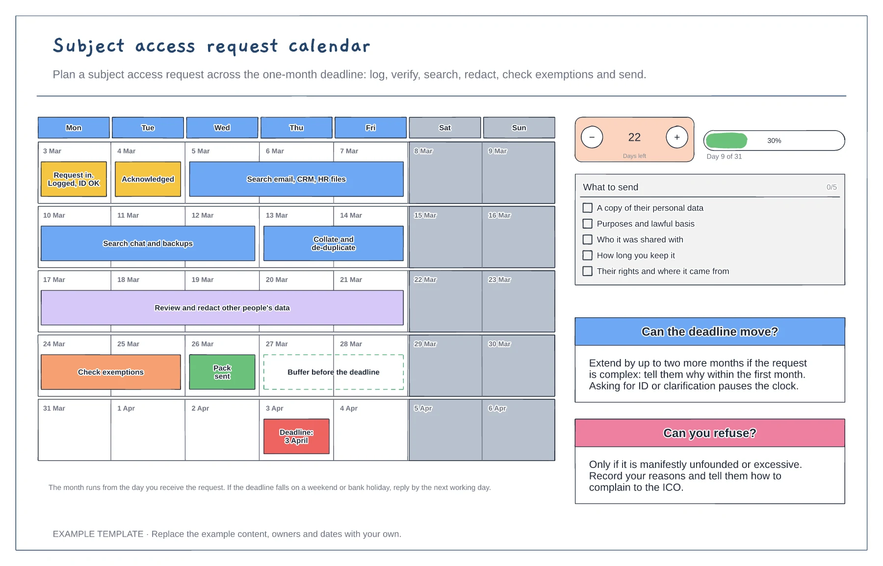 Subject access request calendar template preview