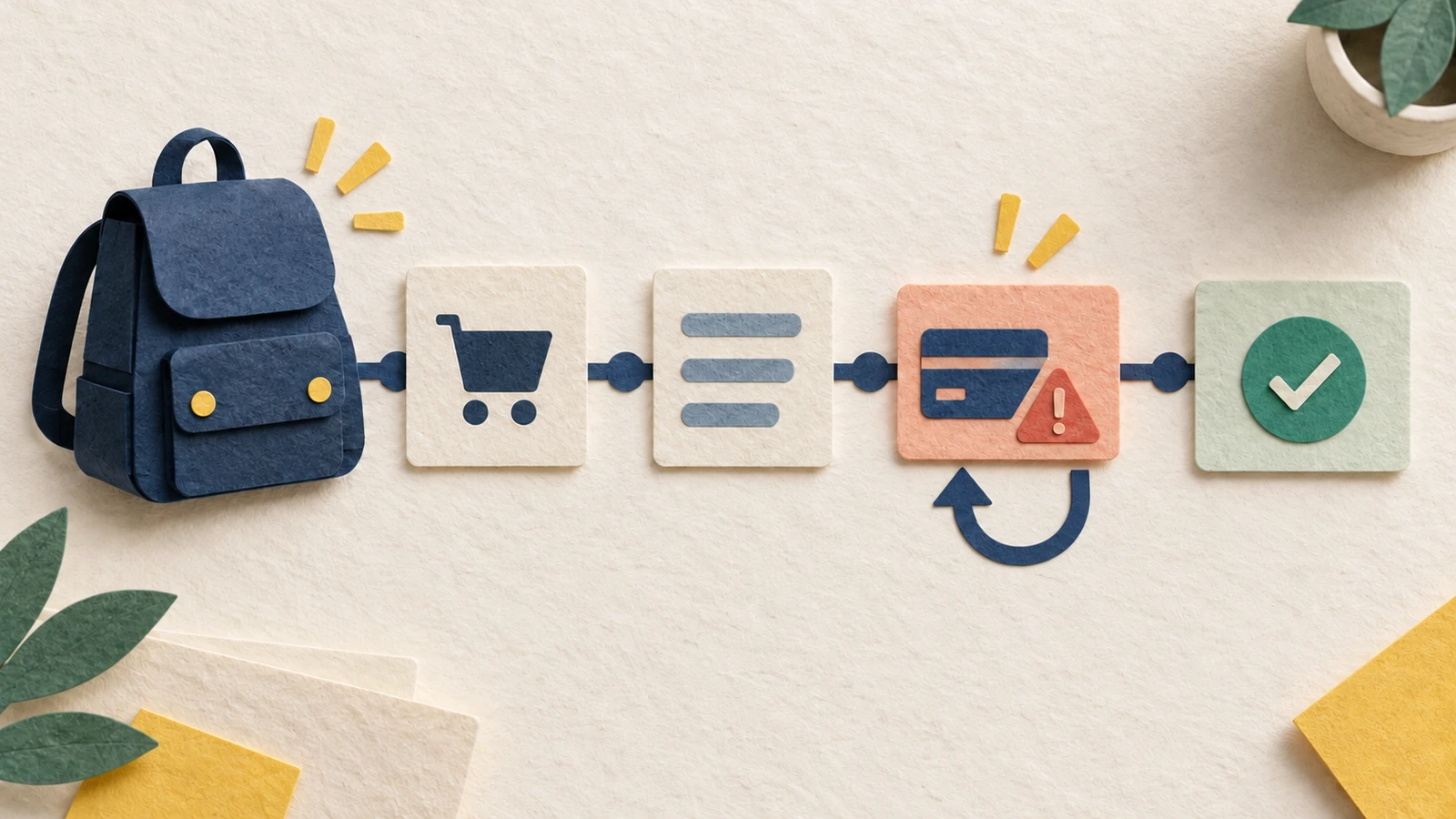 Paper illustration of a backpack checkout with a retry loop below the payment-warning card and a separate confirmation card