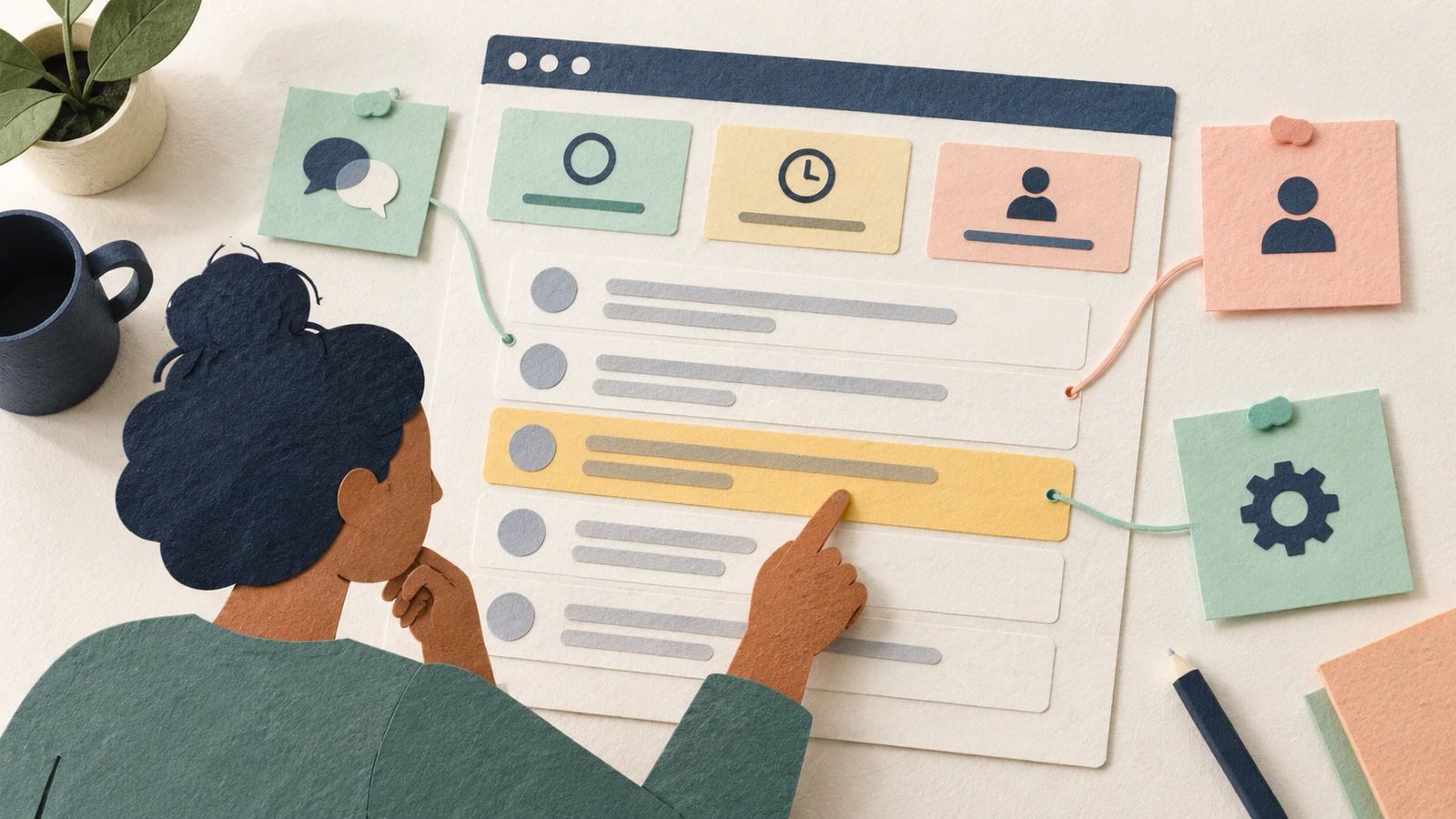 Handmade paper illustration of a support lead choosing work from a rough dashboard