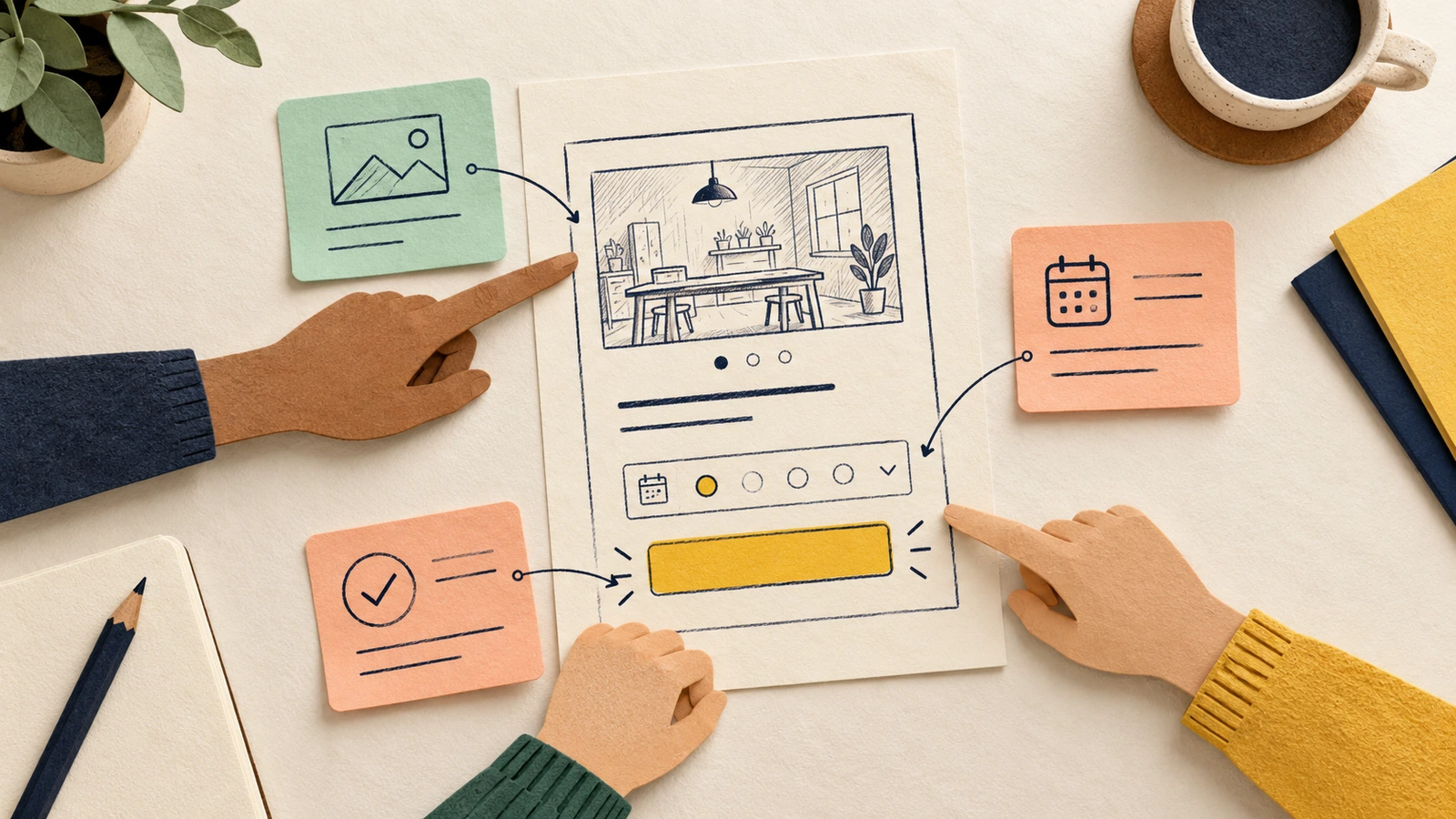 Paper illustration of a team reviewing a rough booking screen with feedback cards