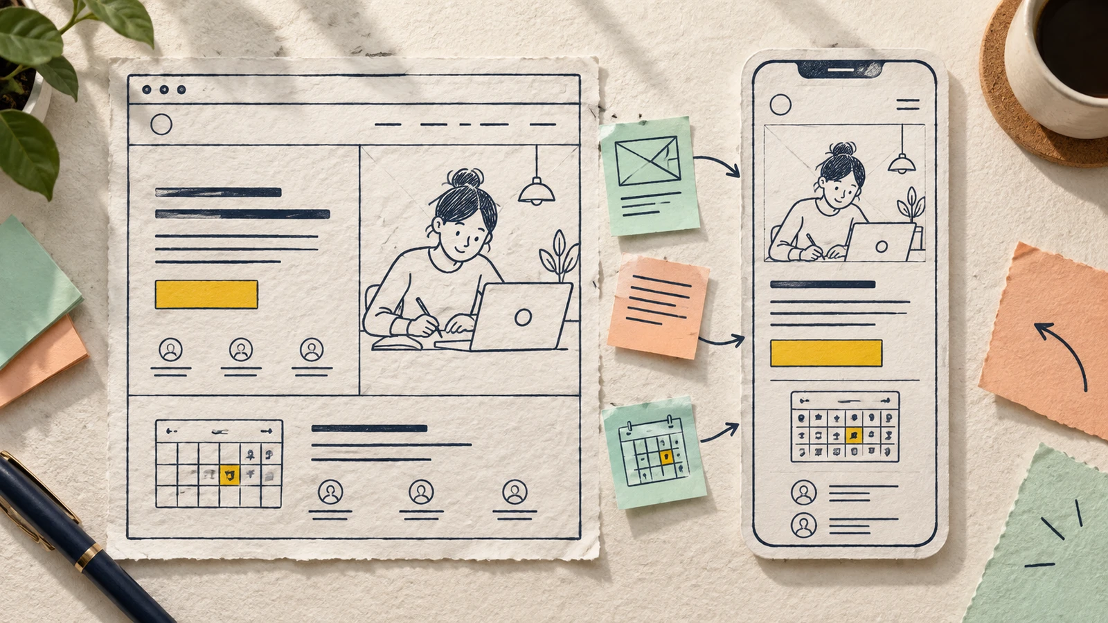 Original paper illustration of a wide tutor-scheduling page and a narrow mobile page with content-moving notes