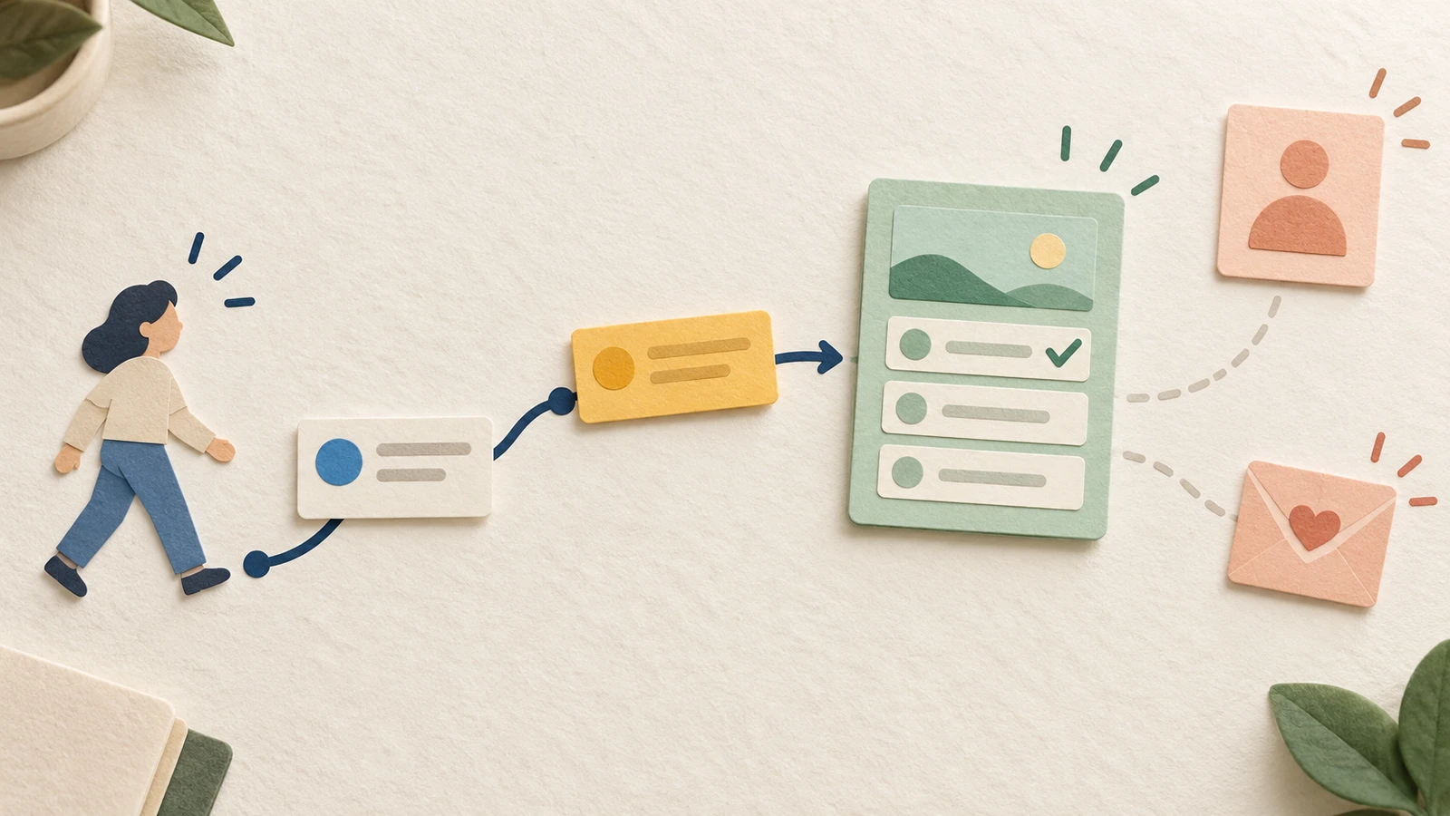 Handmade paper illustration of a person reaching a saved planning board, with profile and invitation cards as later options