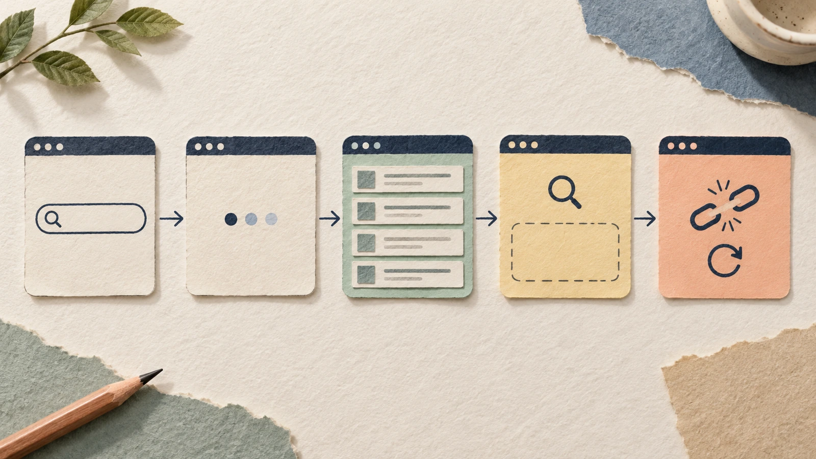 Paper illustration of search screens with initial empty, loading, results, no results and connection-failure symbols
