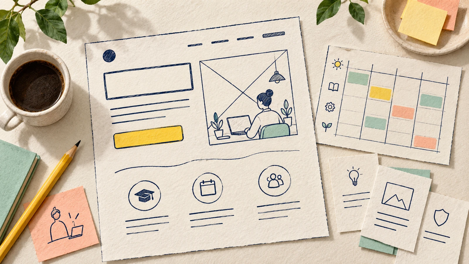 Paper cutouts and navy sketches of a rough landing page, calendar and content notes