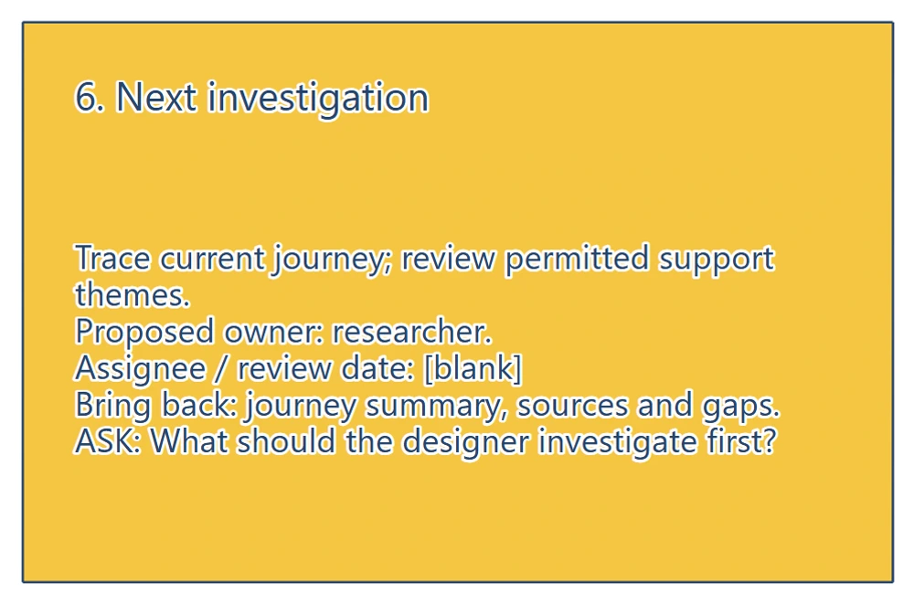 A close view of the next-investigation card with an investigation, proposed research owner, blank assignee and review date, expected output and review question