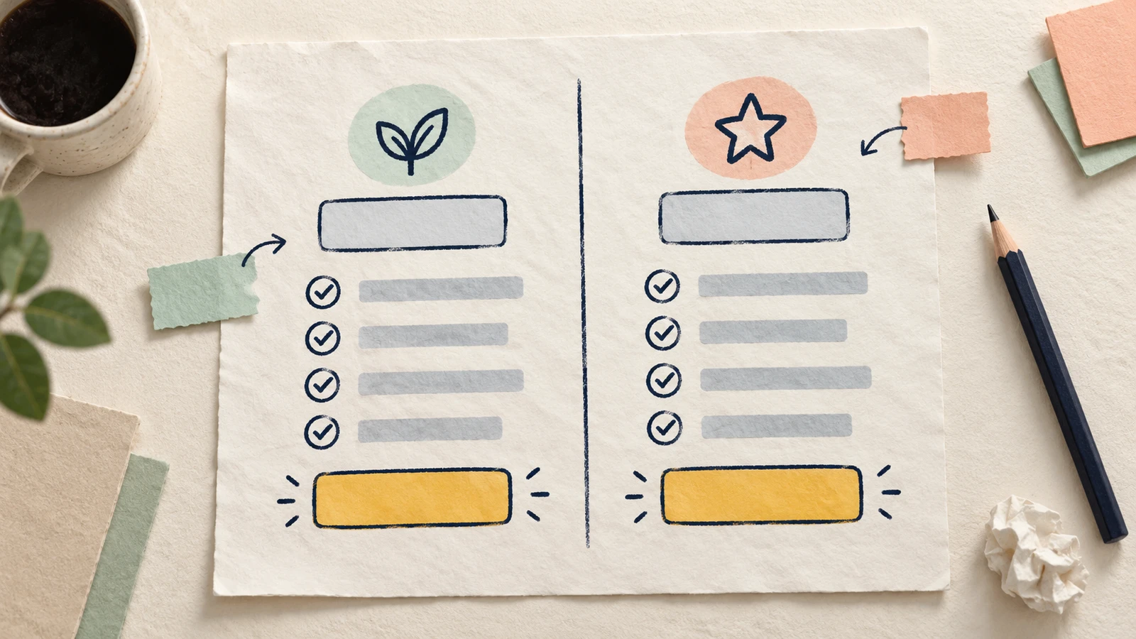 Original paper illustration of two matching subscription-plan columns with blank price blocks and yellow actions