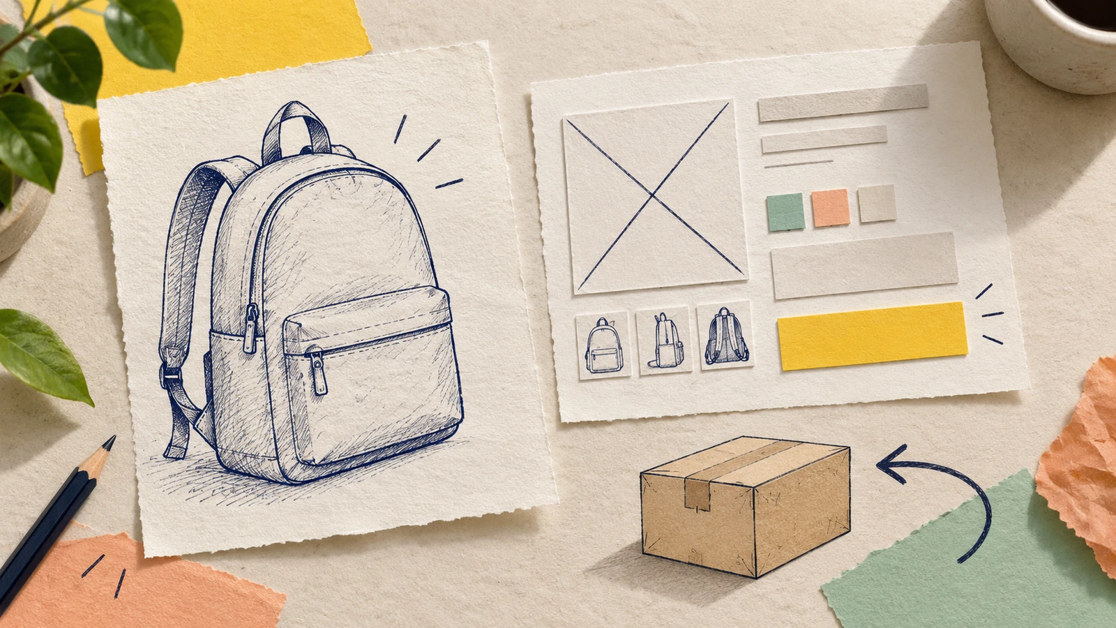 Paper cutouts and navy sketches of a backpack, product choices and a delivery parcel