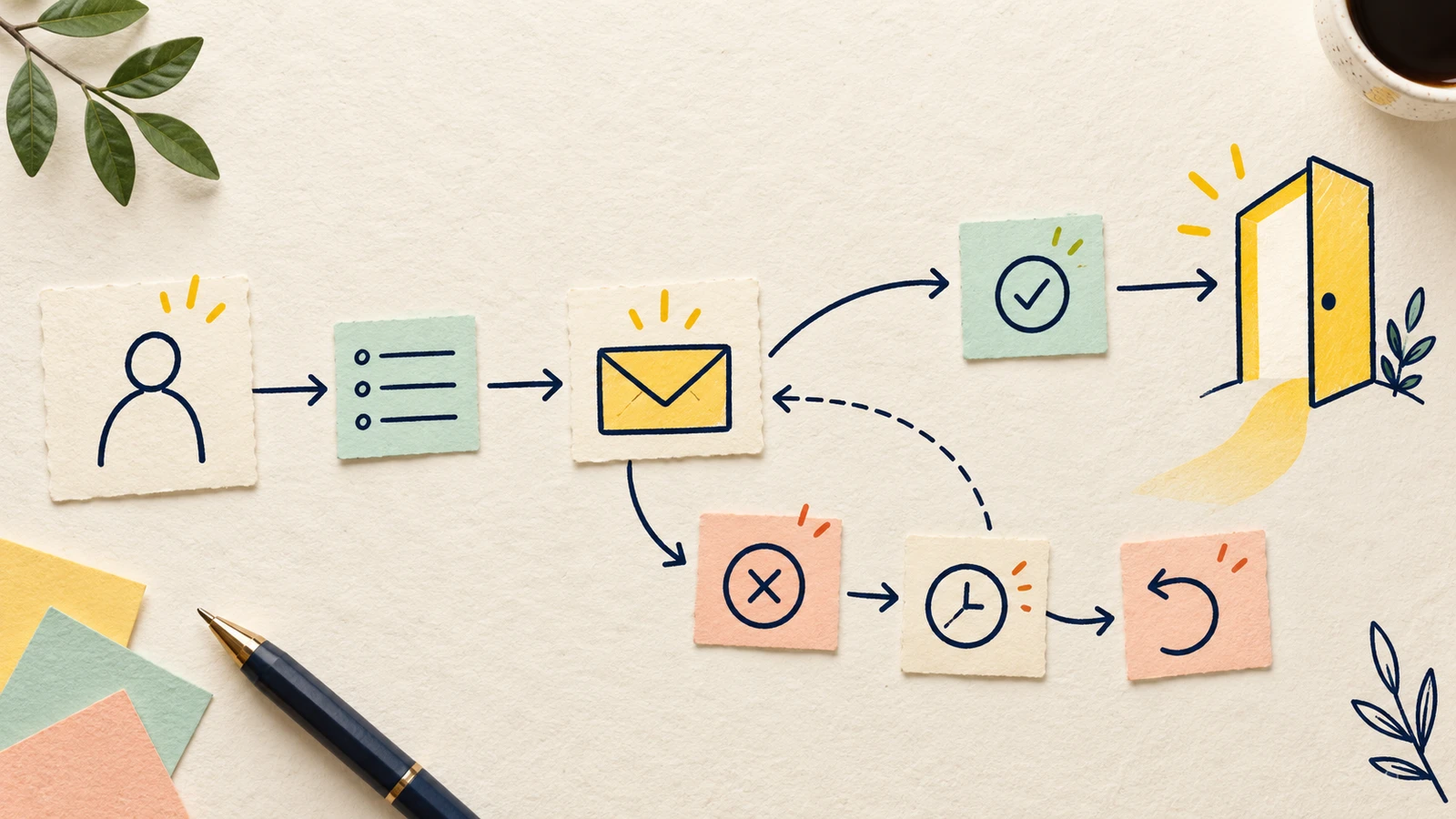 Paper cutouts and sketched arrows connecting signup details, an email, recovery and an open door