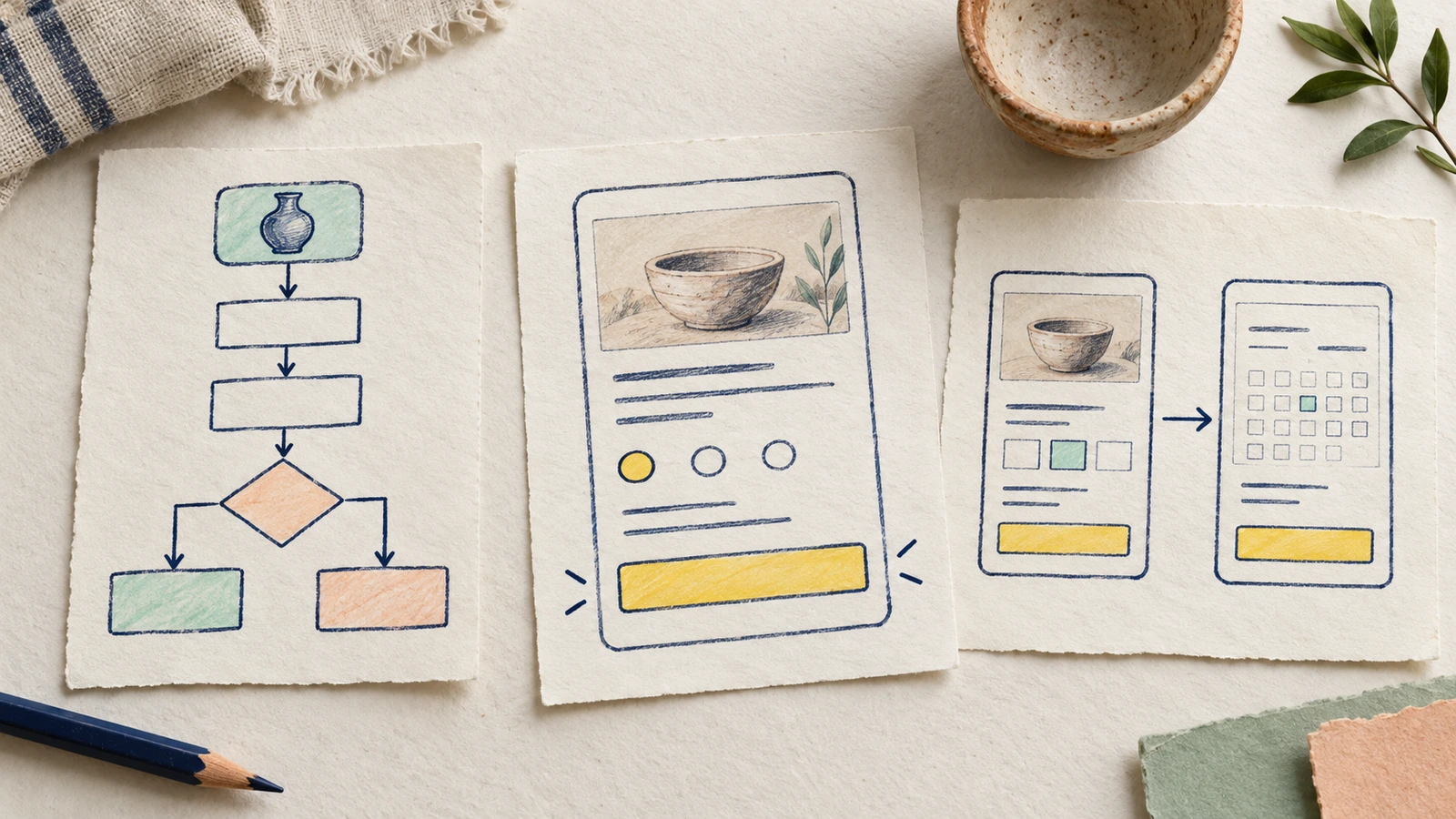 Paper illustration comparing connected flowchart steps, one booking-screen sketch and two connected screen sketches