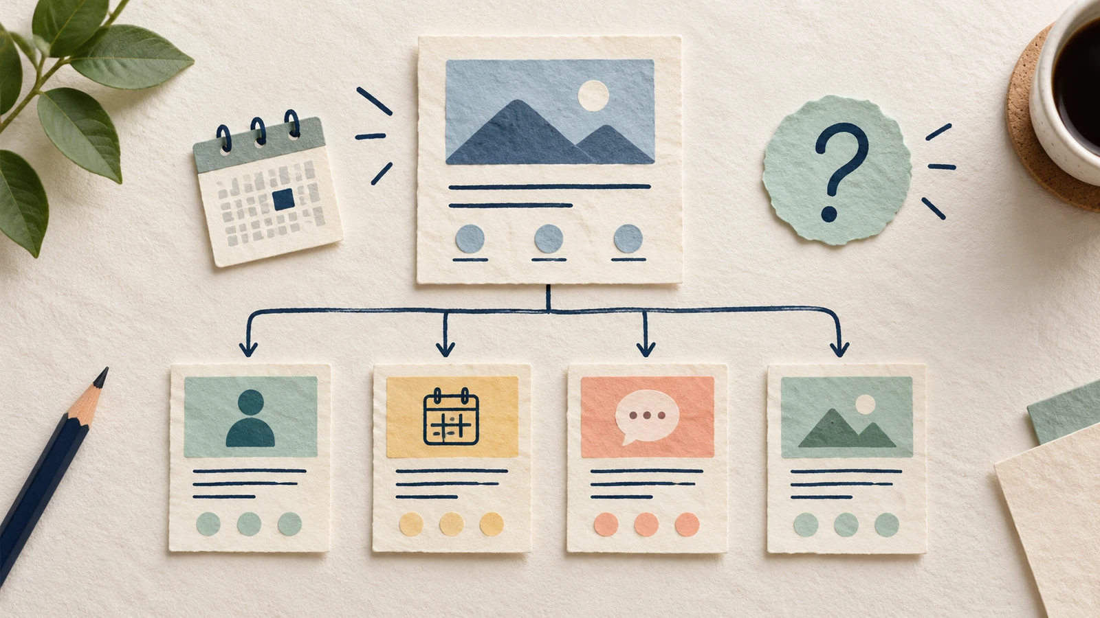 Handmade paper illustration of a website page branching into connected page cards