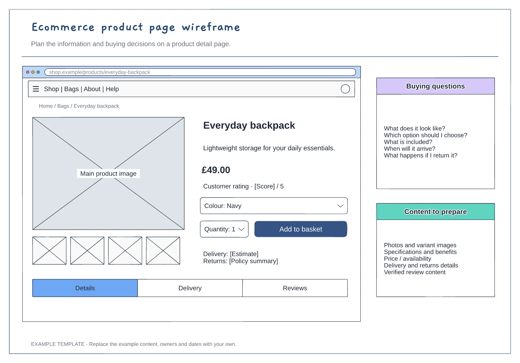 Ecommerce product page wireframe template preview